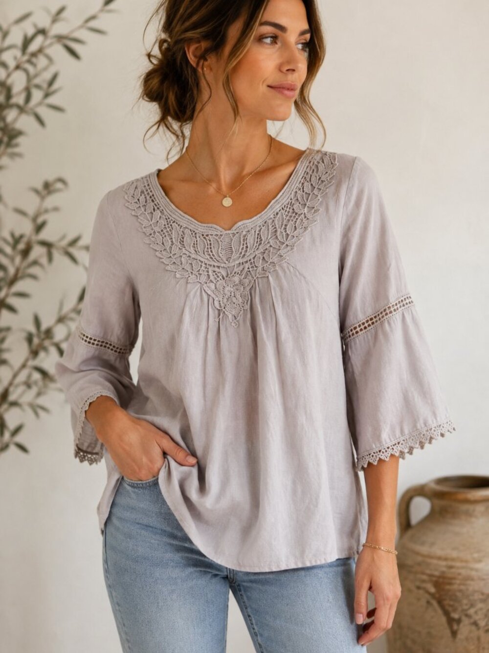 Bellambra Made in Italy 100% Linen Embroidered Lace Boho Blouse Size Small
